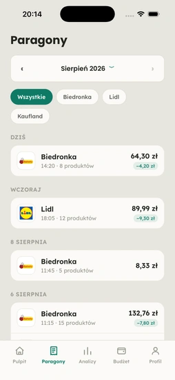 Lista paragonów z filtrem sklepów