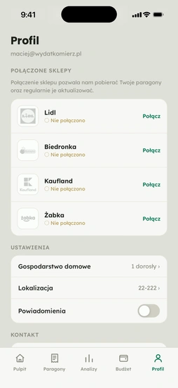 Zakładka Profil w Wydatkomierzu z listą sklepów do połączenia