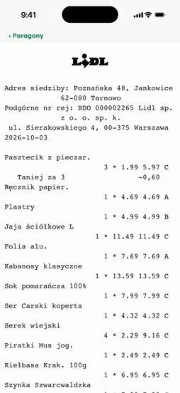 Pełny paragon z Lidla w aplikacji